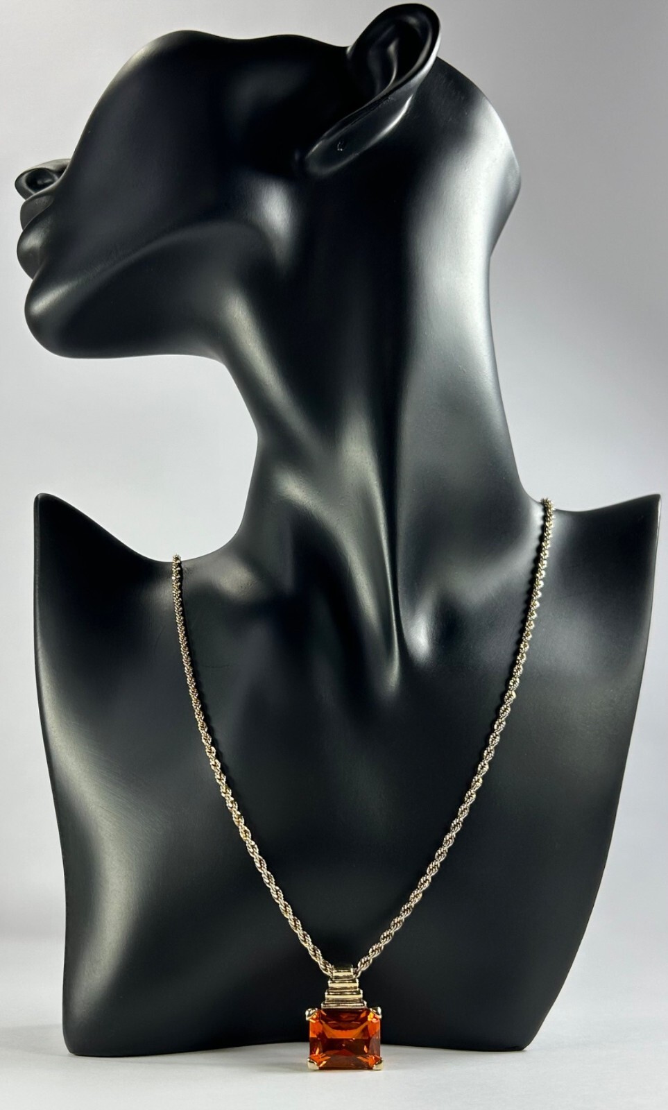 925 Sterling Silver Gold Vermeil Chain Necklace Orange Glass Pendant Statement