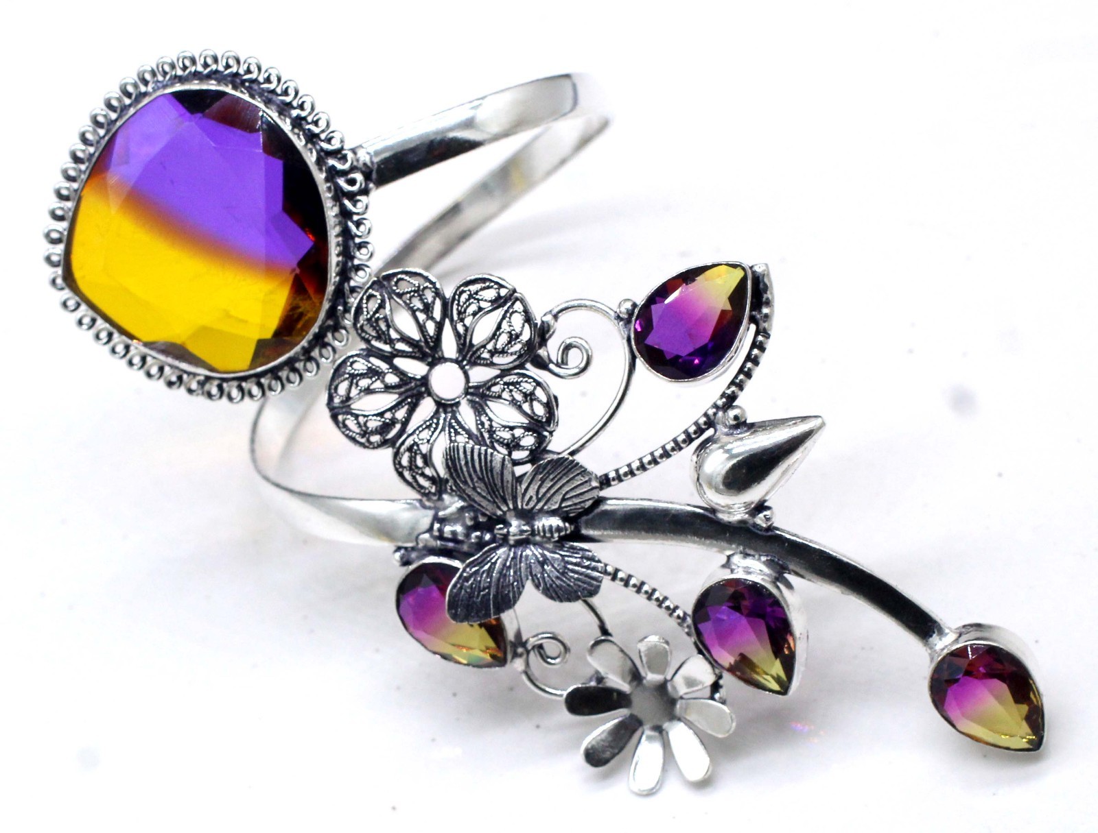 925 Sterling Silver Chrome Bi-Color Ametrine Gemstone Jewelry Cuff Bracelet