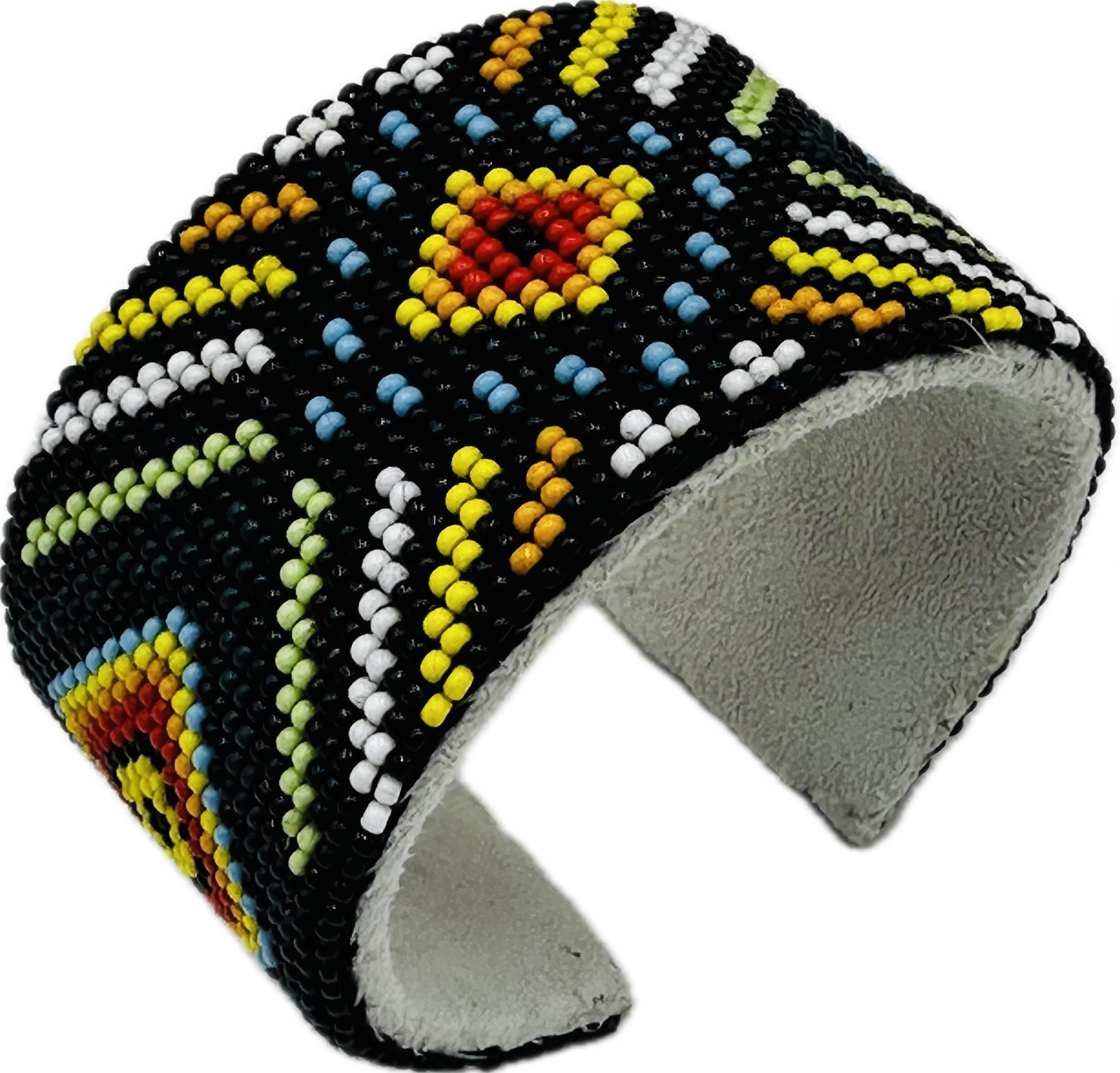 Handmade beaded Black Multicolored leather Hard cuff bracelet