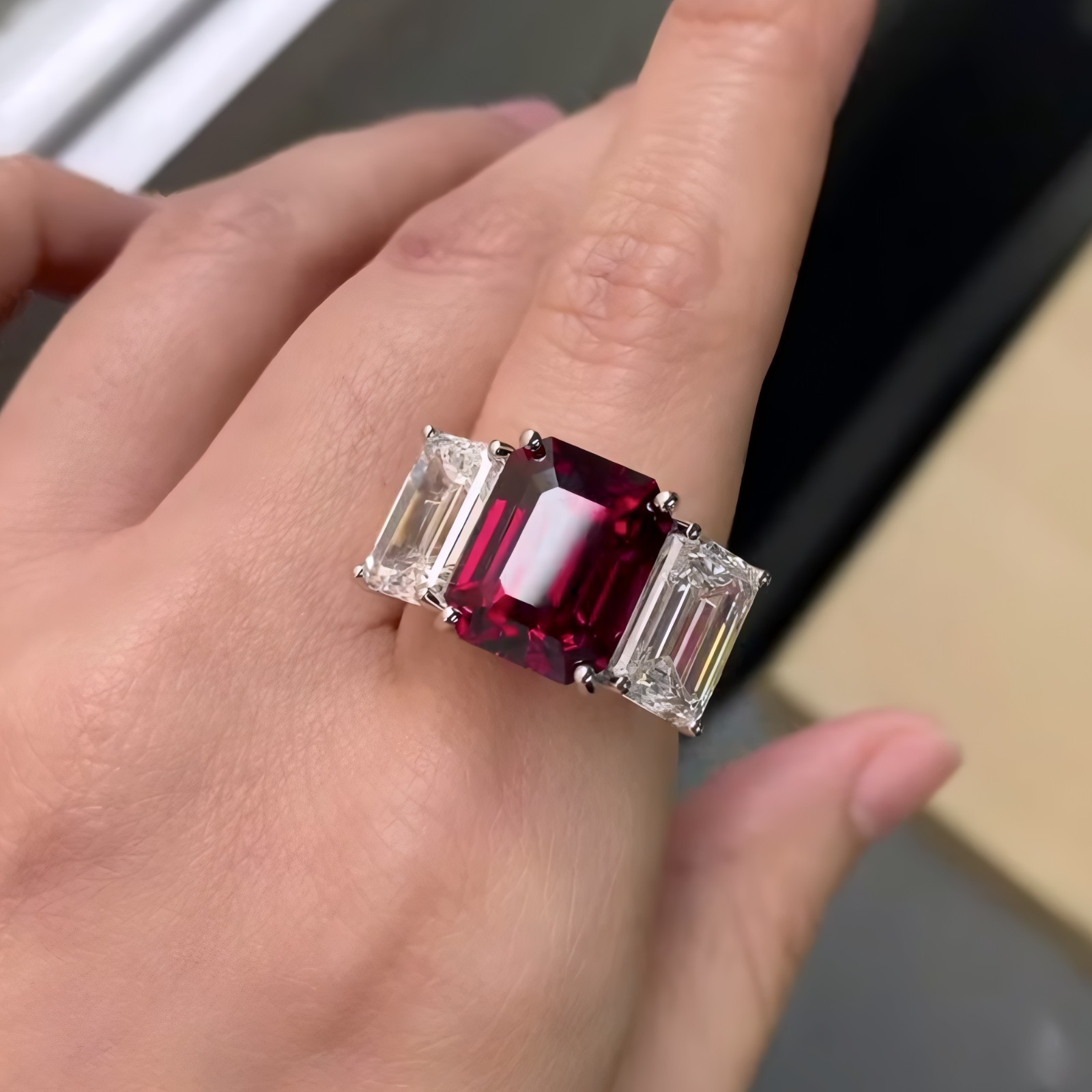 Natural Purple Amethyst Emerald Cut Ring 925 Sterling Silver Three Stone Jewelry