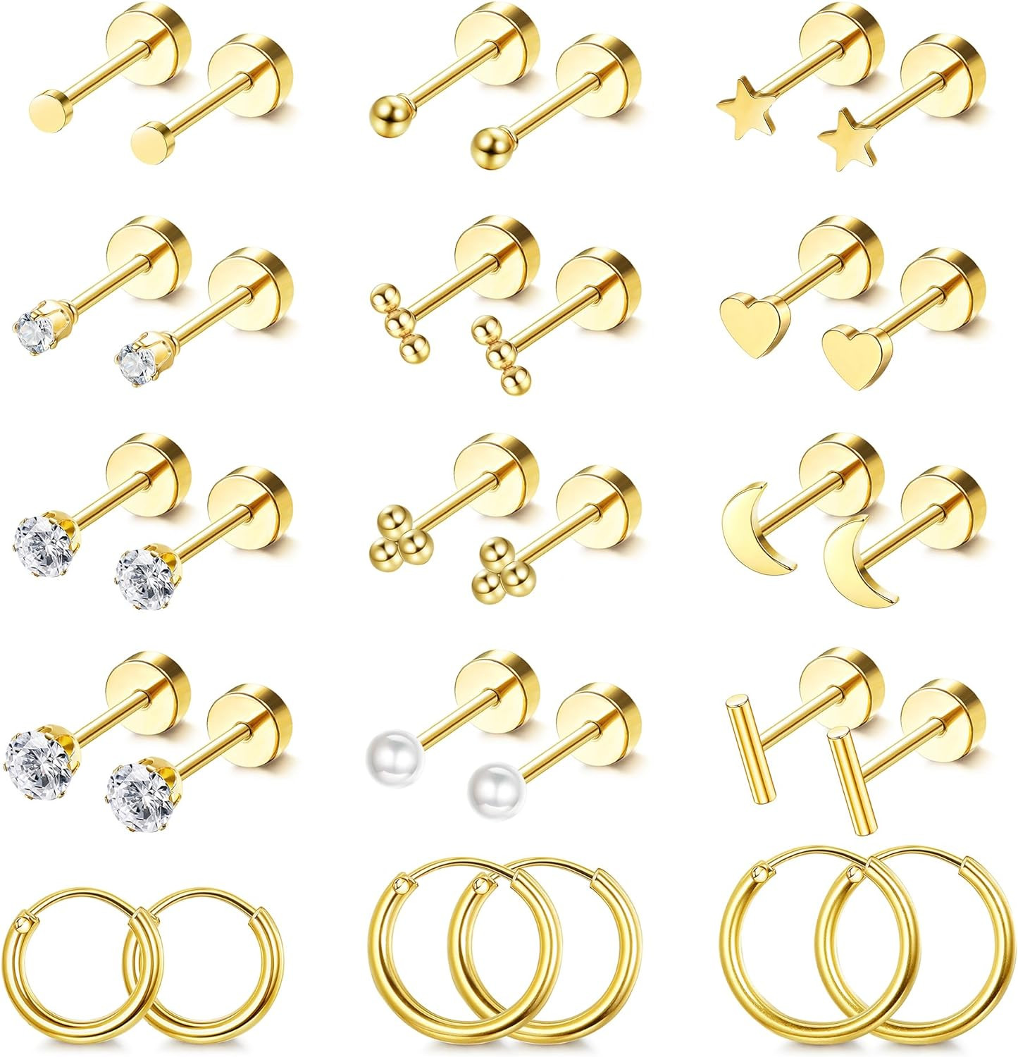 Small Hypoallergenic Flat Back Stud Earrings for Women Men 14K Gold Plated Surgi