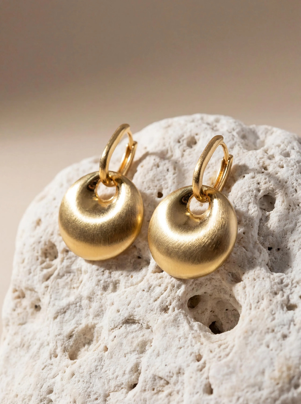 Gold Donut Hoop Earrings Brushed Satin Disc Drop Modern Minimalist Statement