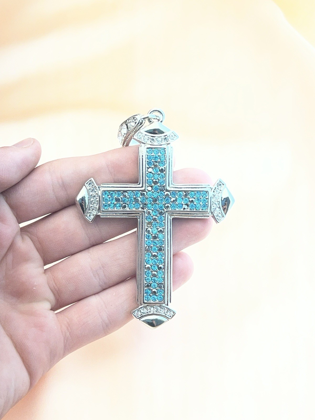 Large Christian Cross Pendant, Blue And Black Cz Stainless Steel 6