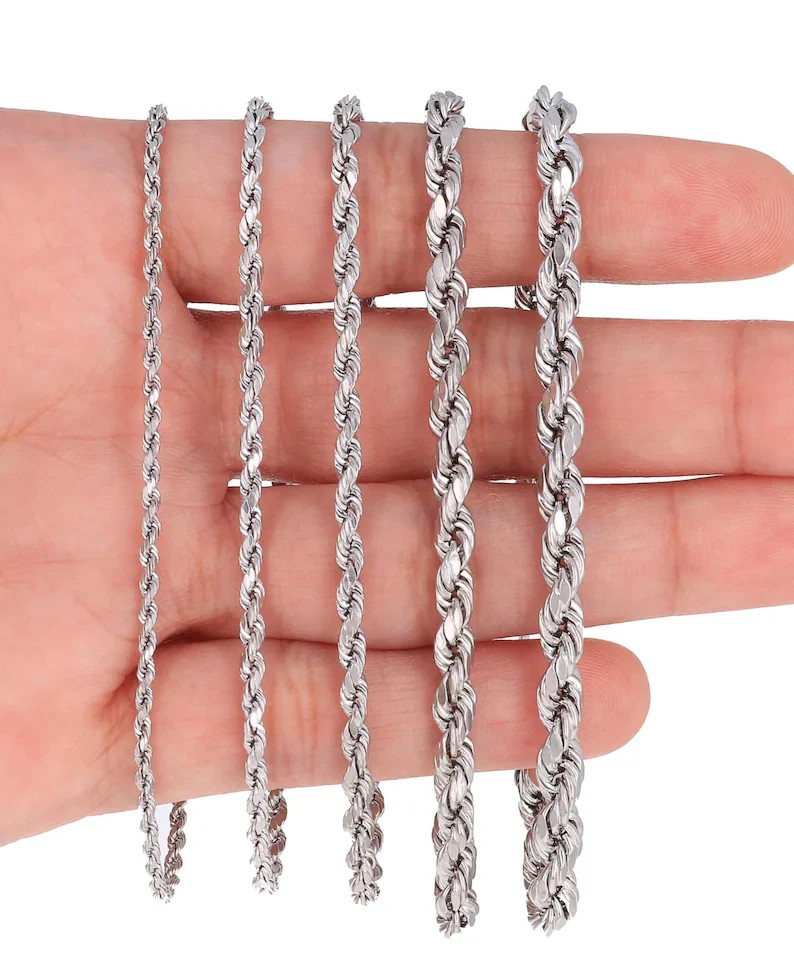 10K White Gold Rope Chain Bracelet Diamond Cut Real Gold 1mm-5mm 7-9in