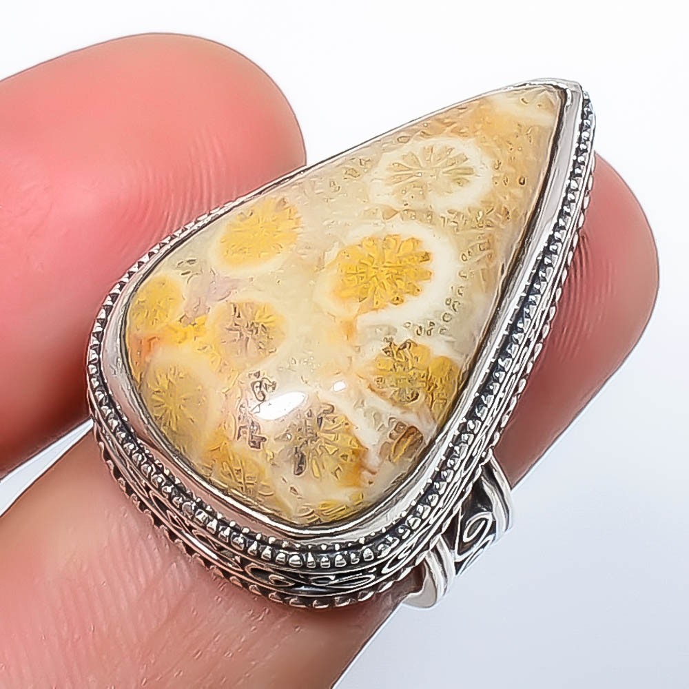 Fossil Coral – Australia 925 Silver Plated Fine Art Ring s.7 T30