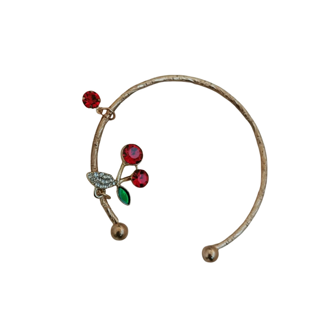 Gold Tone Cherry Charm Open Cuff Bracelet Red Beads Fashion Jewelry