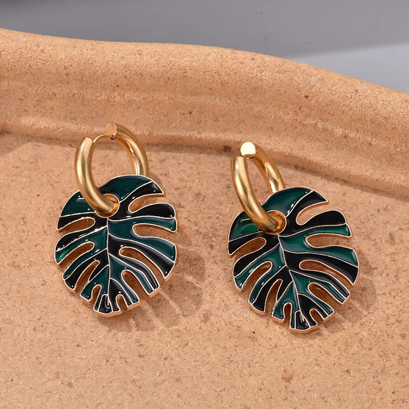 Colorful Big Leaf Pendant Gold Color Stainless Steel Earrings For Women
