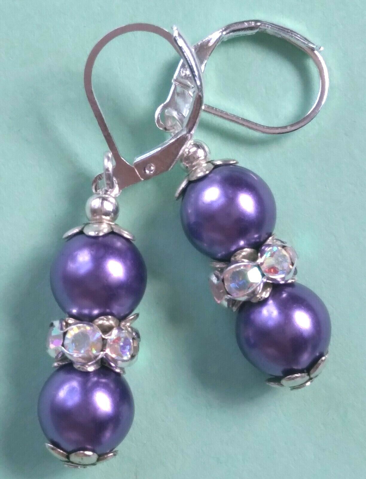 PURPLE GLASS PEARL & Crystal earring SP Leverback handcrafted #400-1