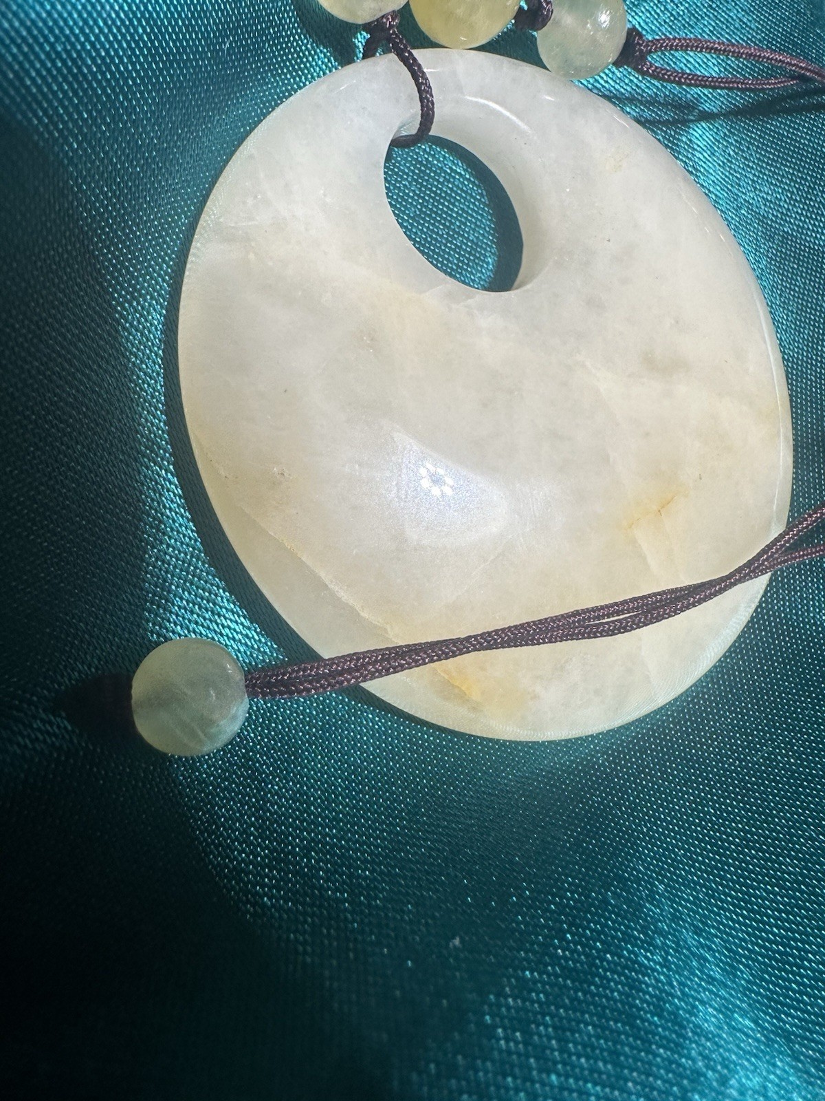 White Jade Oval Amulet Pendant Necklace, Beaded Cord Chain, White Stone
