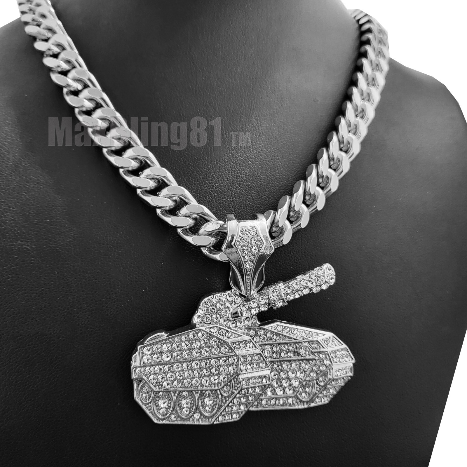 Iced Icy Large NO LIMIT TANK Pendant & 10mm Cuban Chain Hip Hop Jewelry Necklace