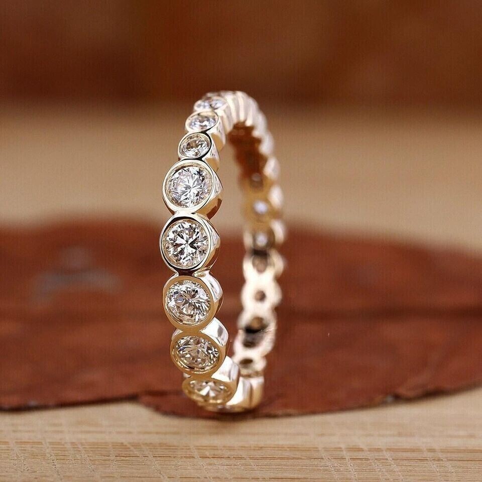 Bezel Set 1.00Ct Round Lab Grown Diamond Full Eternity Ring Band 14k Yellow Gold