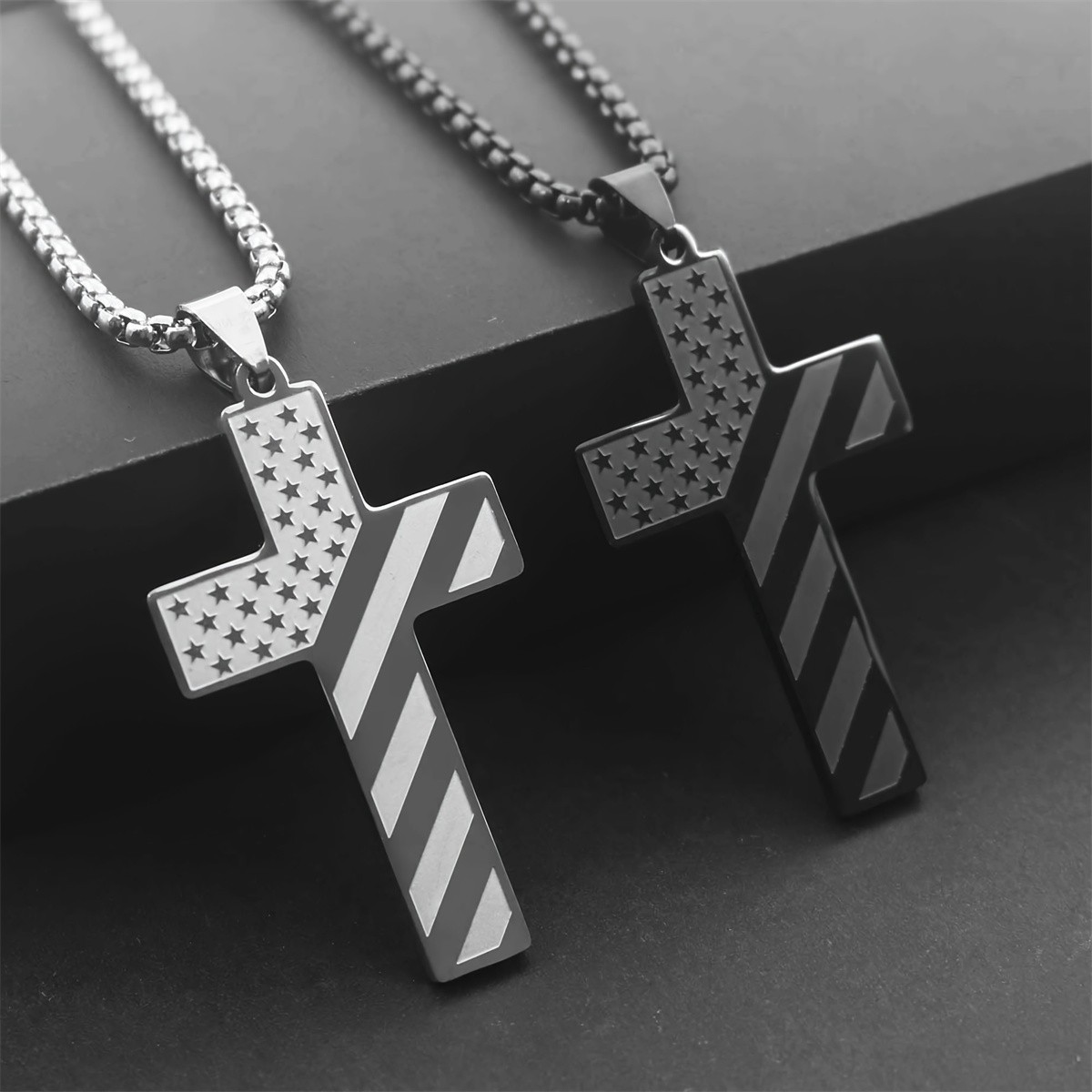 316L Stainless Steel Silver Black Patriotic American Flag Cross Pendant Necklace
