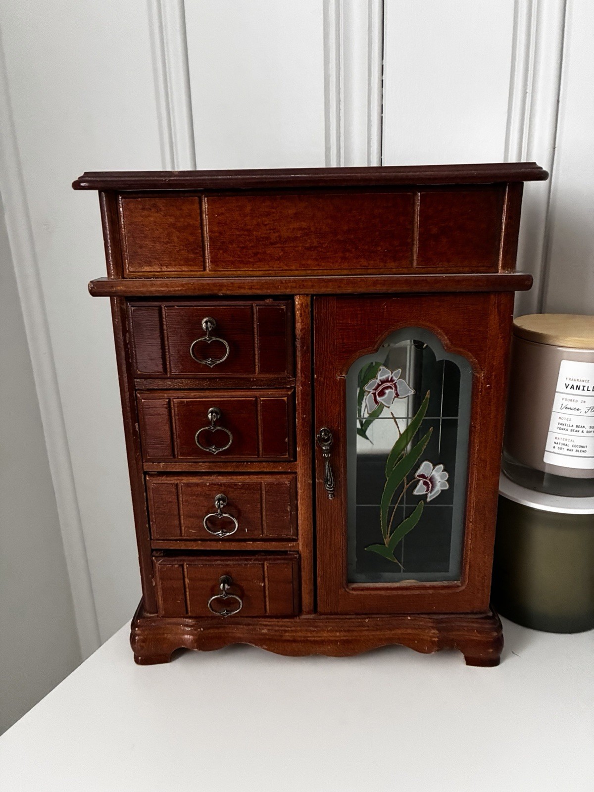 Wood Jewelry Box Cabinet Floral Glass Door Mirror Velvet Lining 25+ Pieces