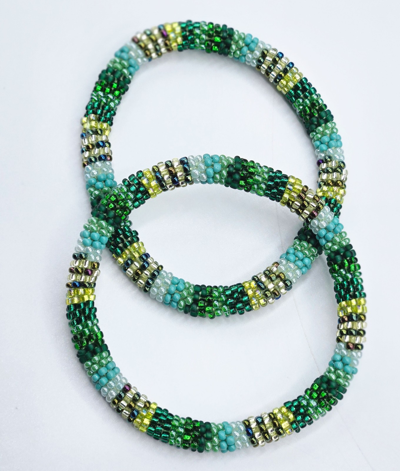 Set of 2 Handmade Nepal Glass Seed-Bead Crochet Boho Roll-On Bracelet Jewelry