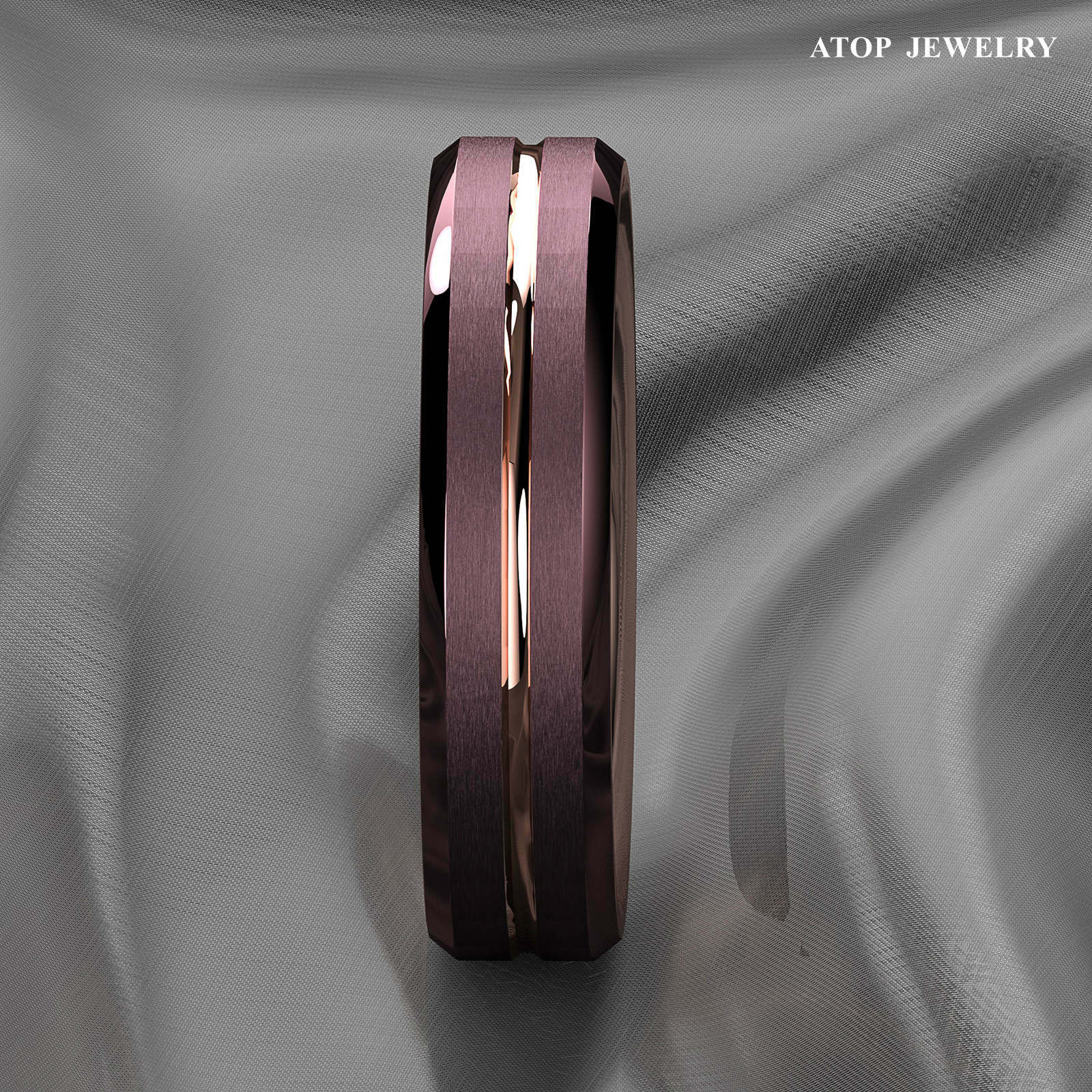 8/6mm Plated Metal Tungsten Mens Ring Rose Gold Groove Stripe ATOP Wedding Band