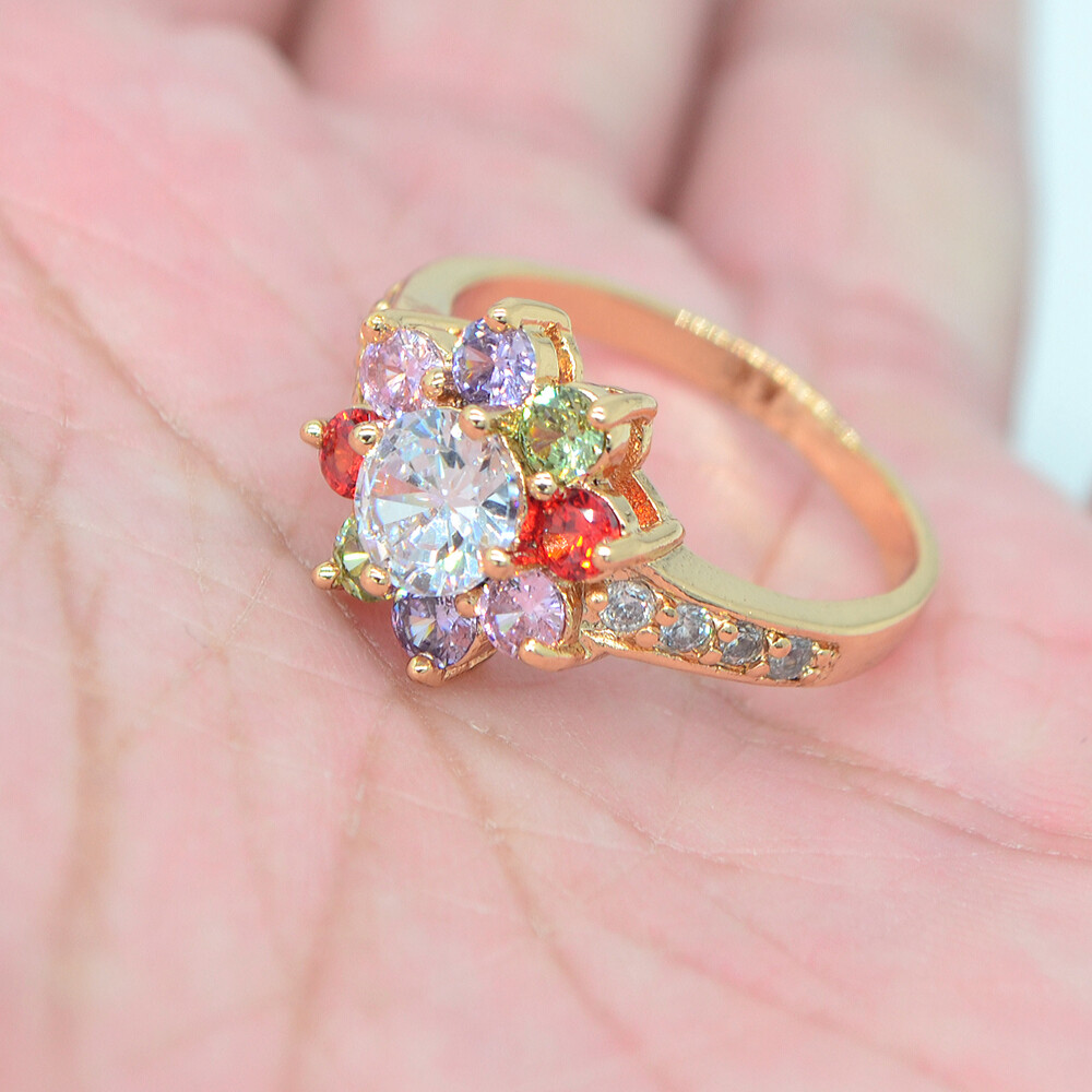 18K Yellow Gold Filled Women Multicolor Mystic Topaz Sunflower Ring Jewelry