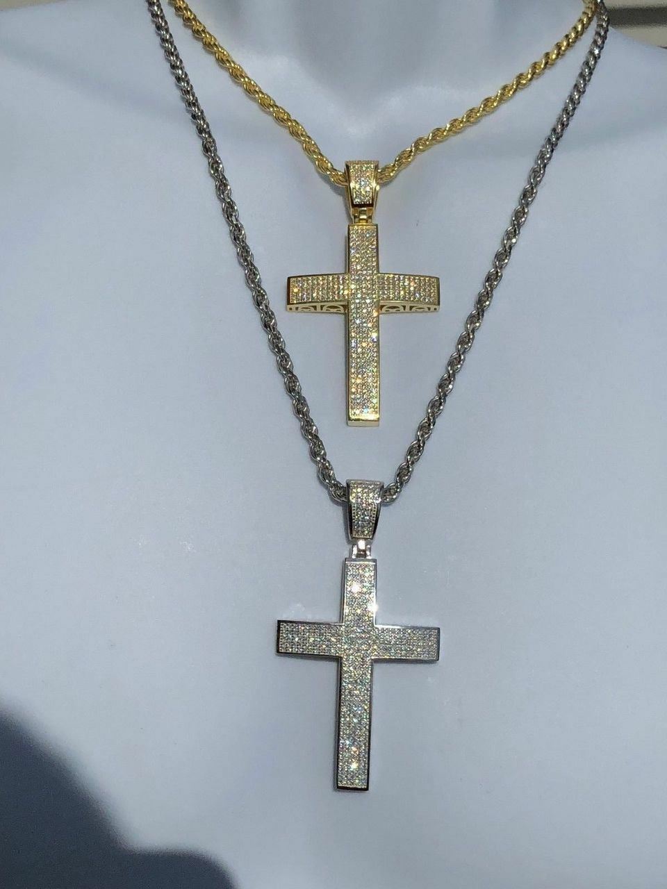 Mens Solid 925 Silver Cross Pendant Real ICED 3ct CZ 14k Gold Plated Rope Chain