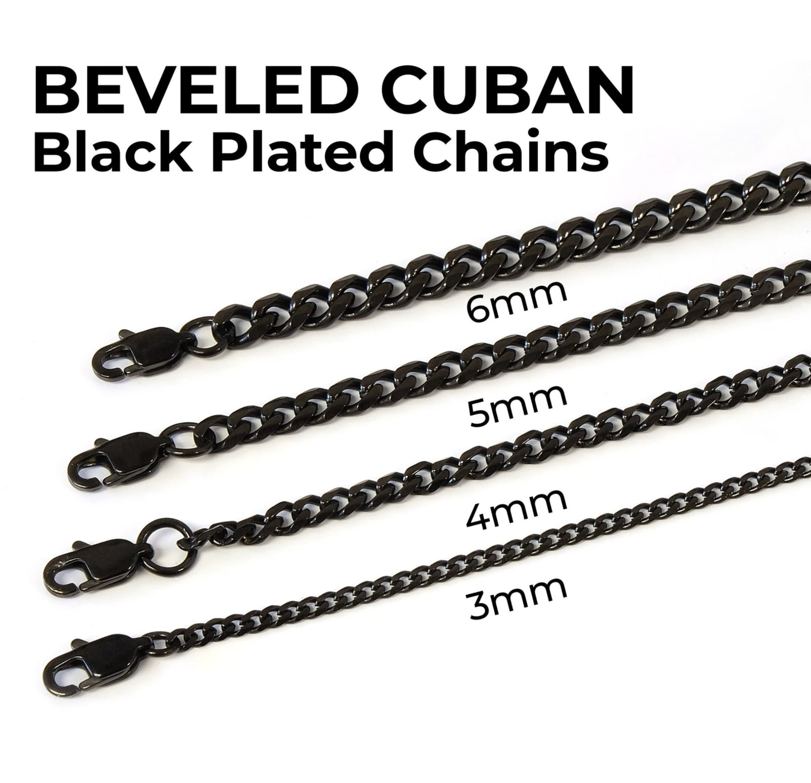 Black Plated Beveled Cuban Link Stainless Steel 316L Chain Necklace 14″-48″