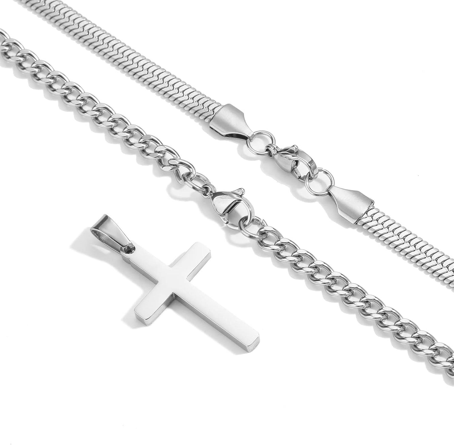 Cross Necklace for Men Boys, Stainless Steel Layered Cuban Link Herringbone Chai