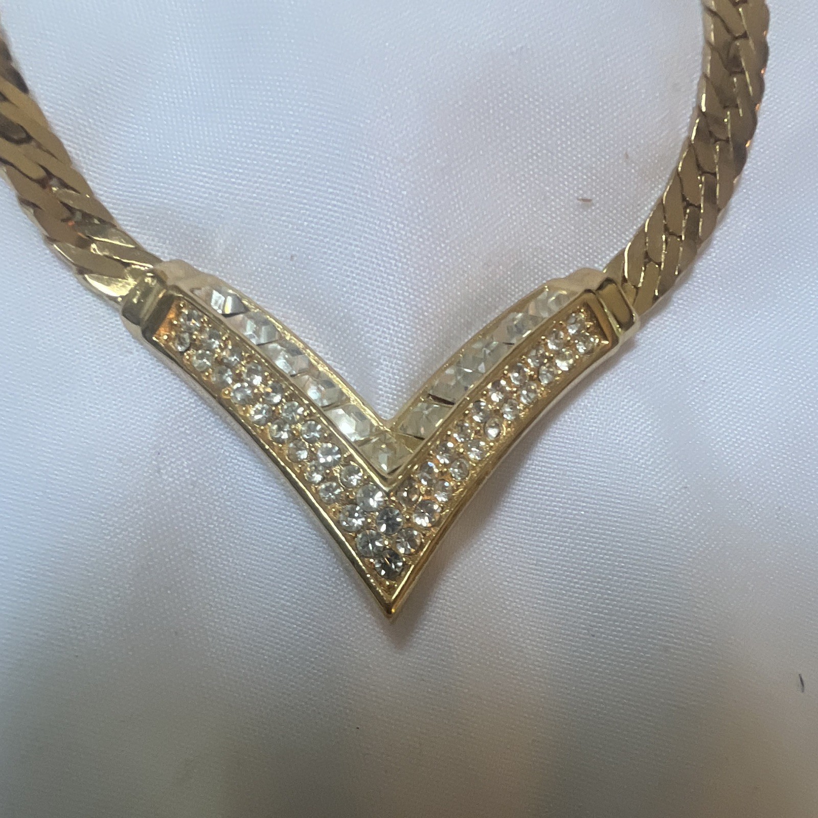 Vintage Christian Dior Gold Tone V Necklace Clear Rhinestone Choker Signed