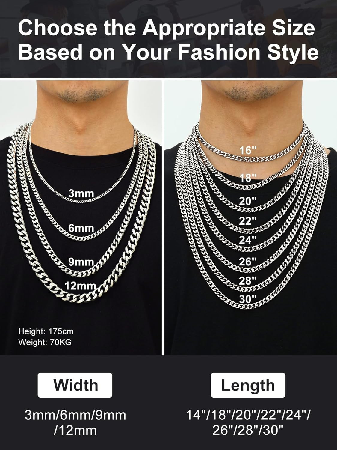 3Mm/6Mm/9Mm/12Mm Miami Curb Cuban Link Chain for Men Women, 316L Stainless Stee