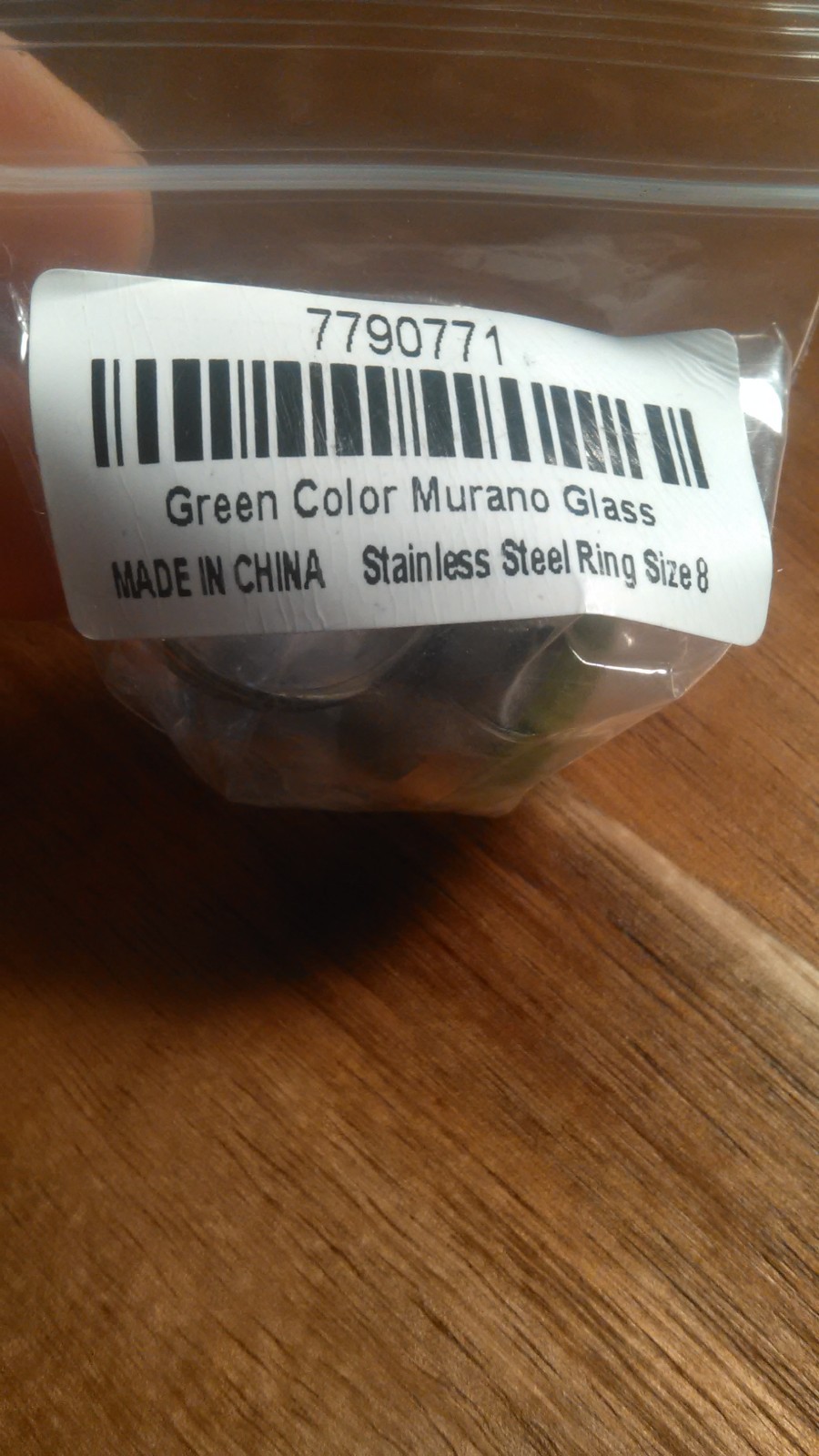 Green Murano Style Glass Stainless Steel Ring (Size 8)