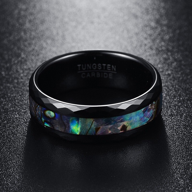 8mm Abalone Shell Men Ring Faceted Tungsten Carbide Wedding Band Comfort Fit