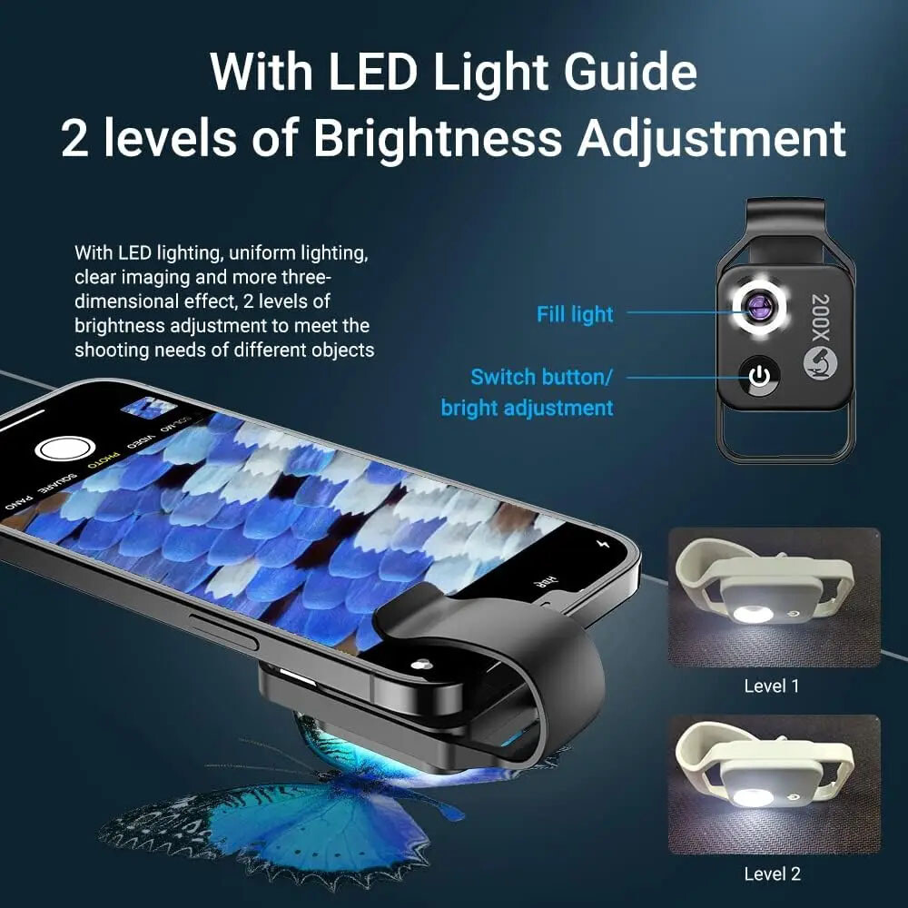 200X Universal Mobile Phone Microscope Camera Lens Stick with 6 LED lights