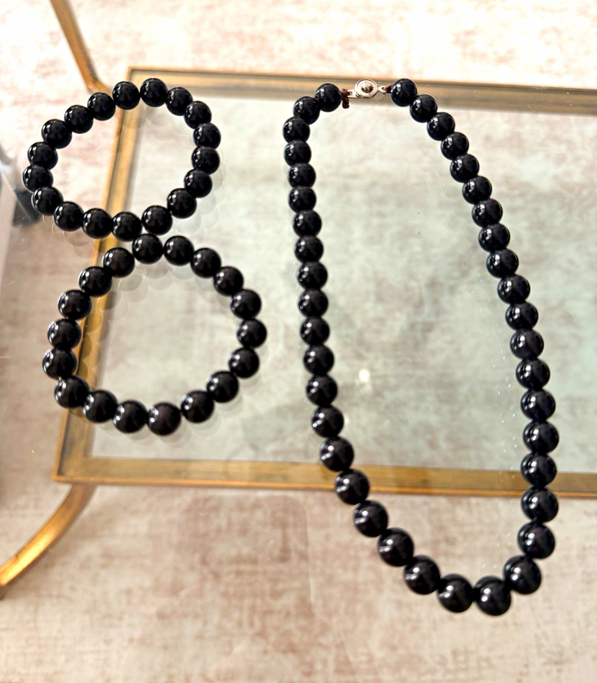 Vintage Black Glass Bead Necklace Chain Spring Ring Clasp with Bracelet Set