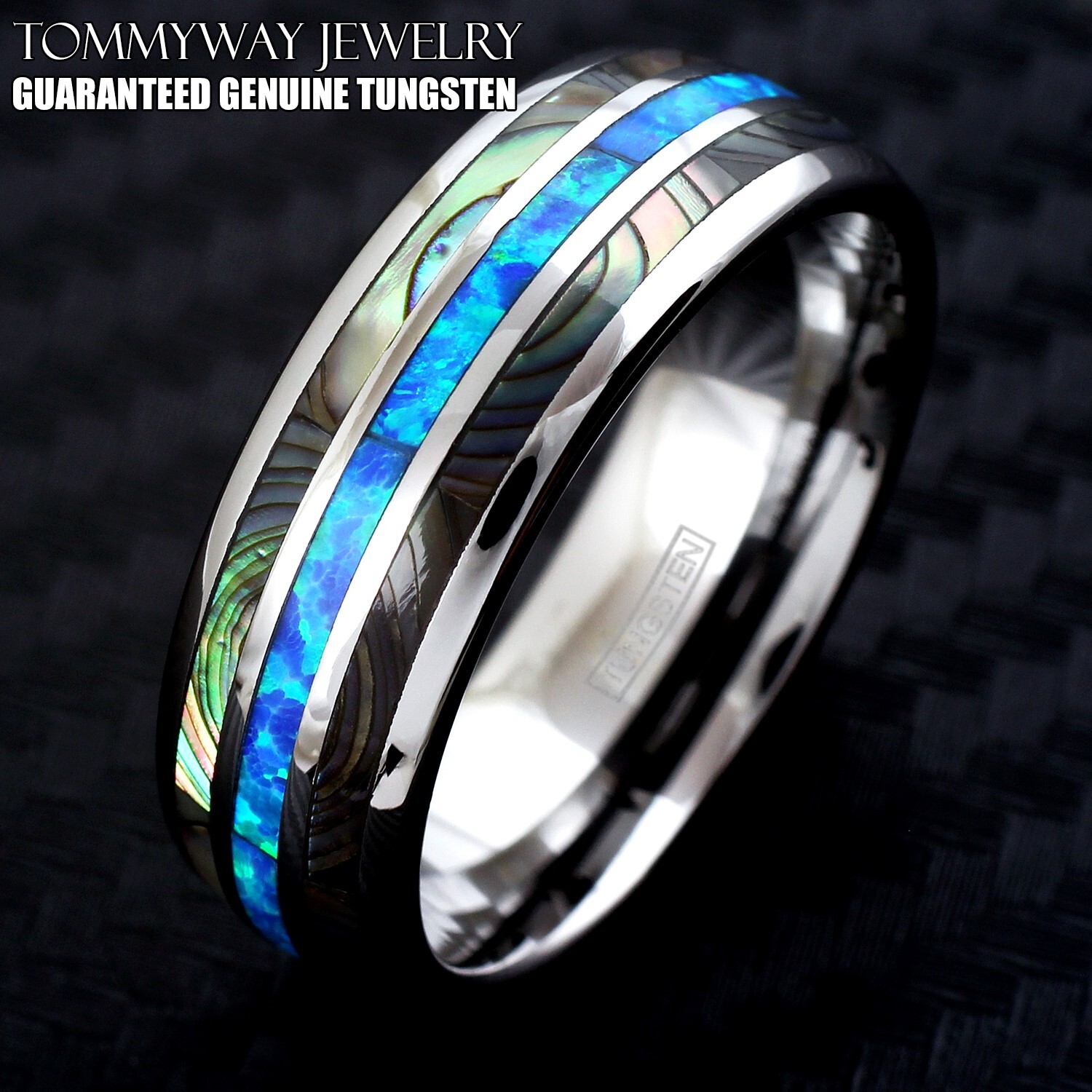 8mm Tungsten Carbide Men’s Abalone and Hawaiian Blue Opal Wedding Band Ring