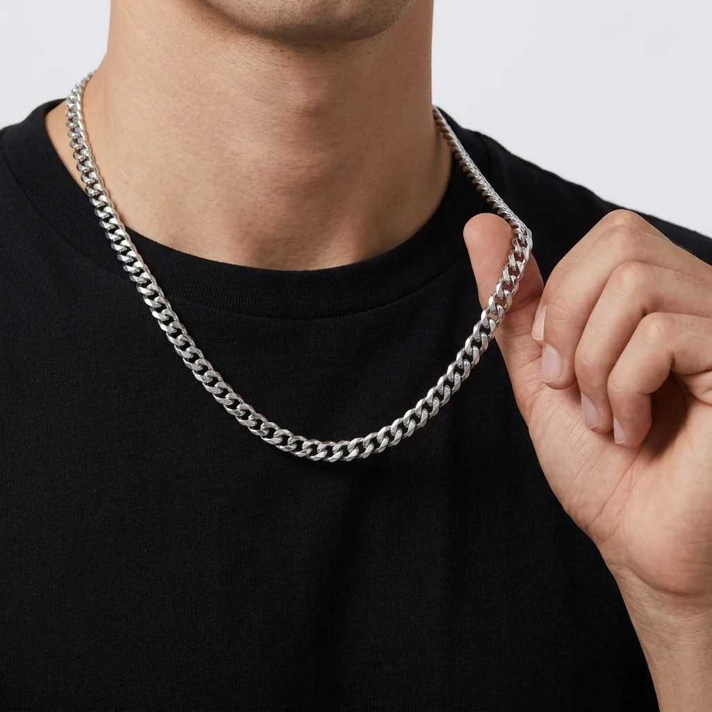 European and American Hip-Hop 6-sided Polished Cuban Chain, Colorfast Titanium S