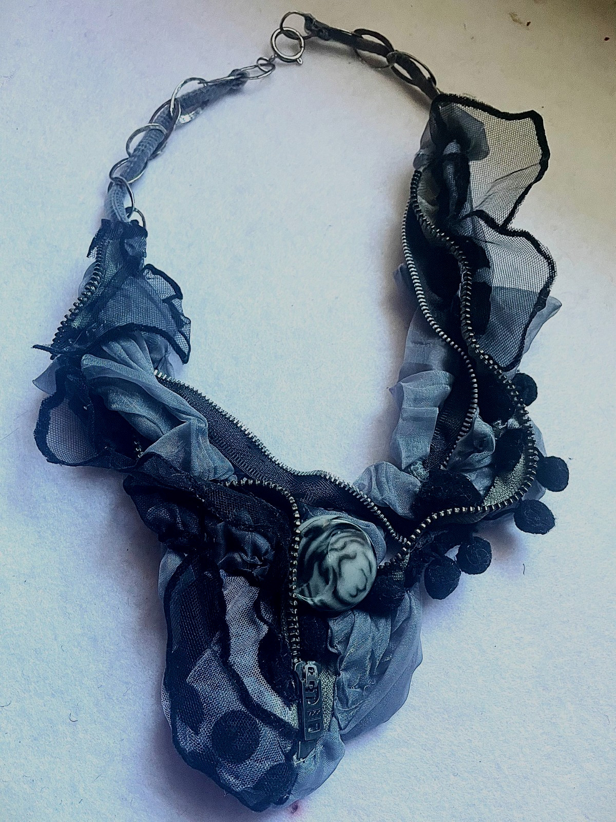 Nita Angeletti OOAK Art To Wear PRISM ZIPPER Statement Necklace Black & Gray
