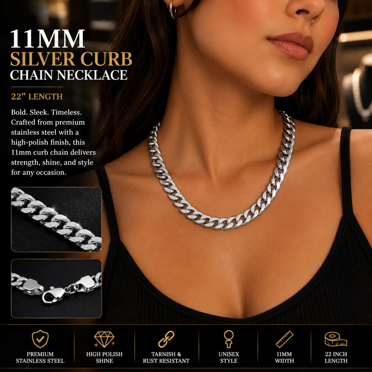 11mm Silver Curb Chain Necklace – 22″ Stainless Steel Heavy Link for Men & Unise