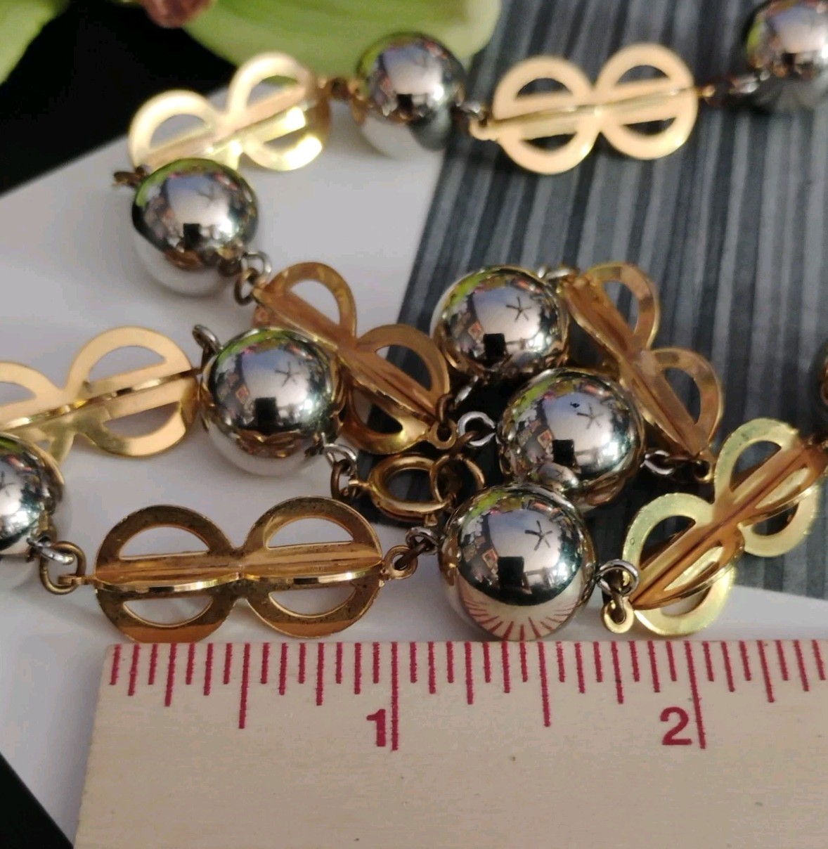 Vintage GEOMETRIC Beaded Bauble Dual Metallic 28″ Spring Ring Chain Necklace!