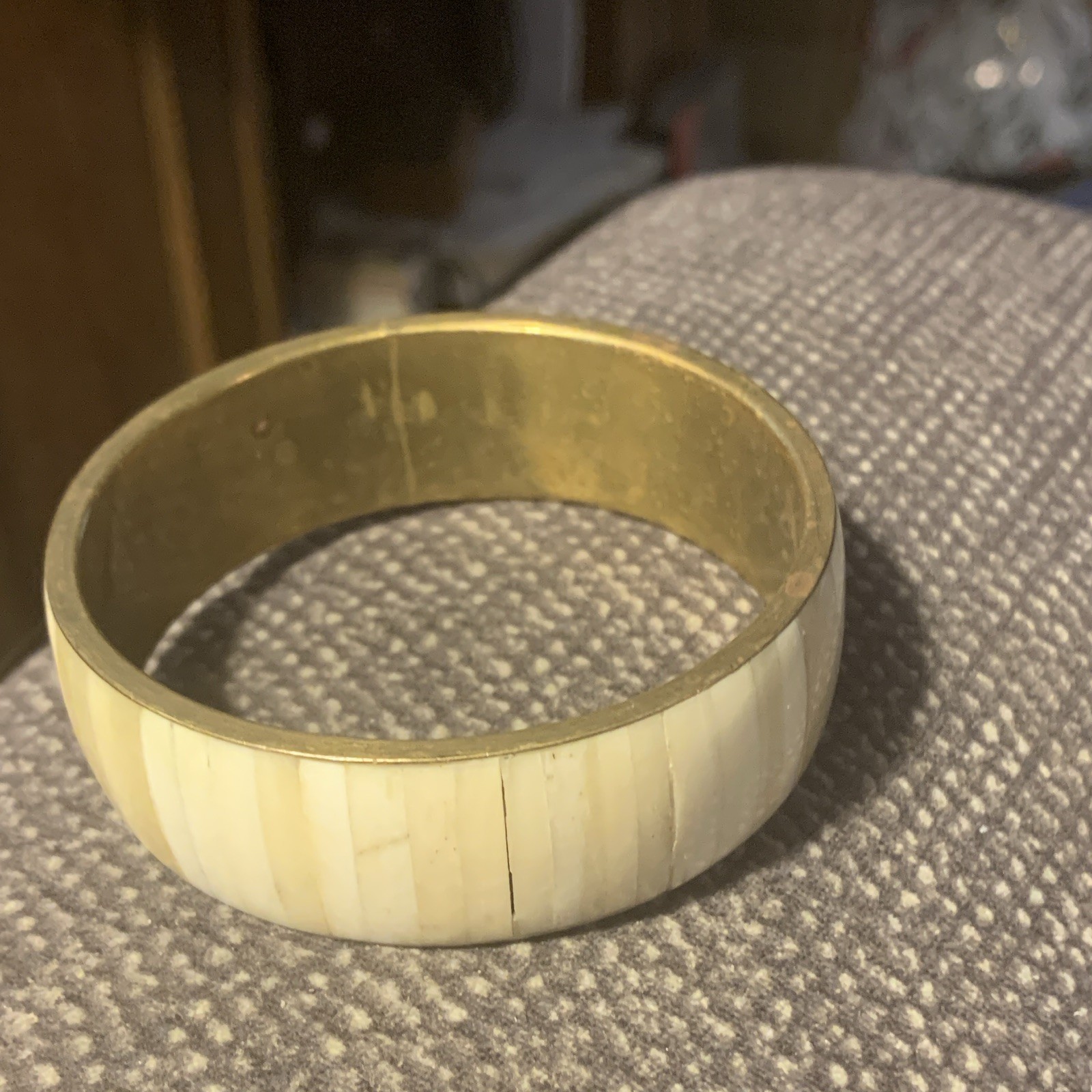 Gold Tone & Ivory Wide Round Bangle Bracelet, Metal, No Stone