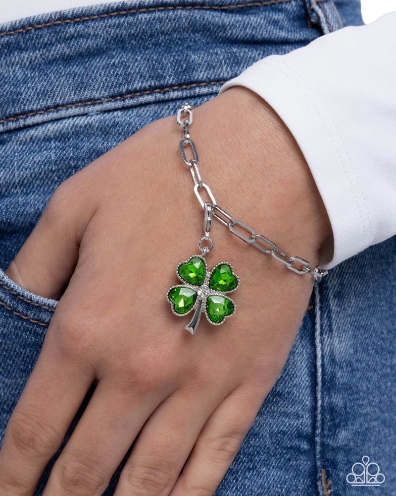 Paparazzi Lucky Luminescence – Green – Rhodium Dip – Gems -Rhinestones – Cachet