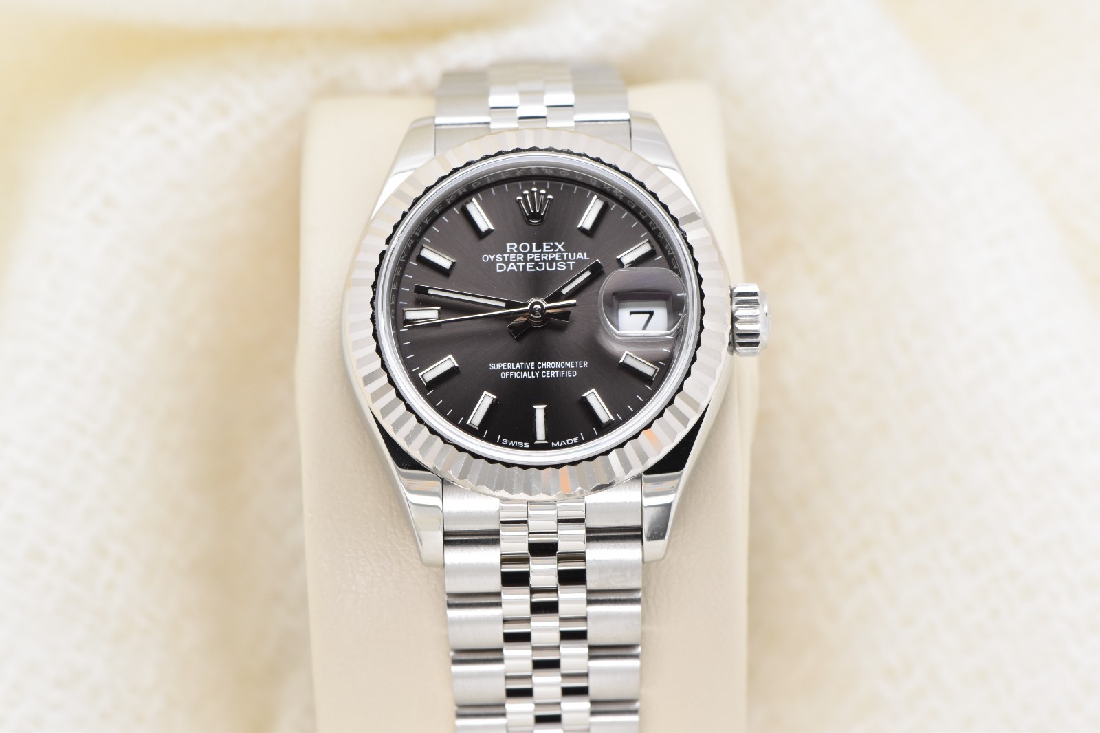 Ladies Rolex Datejust 28 18K WG Fluted Steel Jubilee Dark Grey Dial 279174 Box