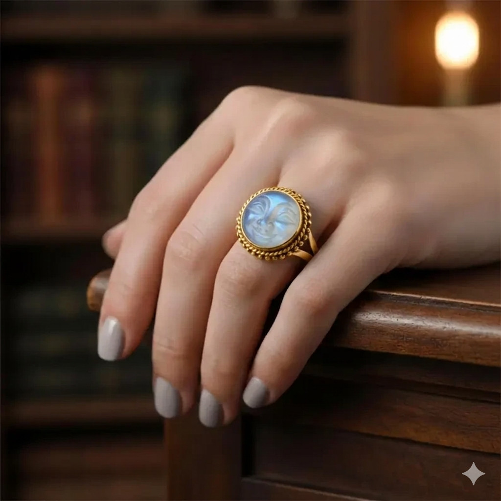14K Gold Moonstone Face Ring | Hand Moon face Carved Statement Ring Gift