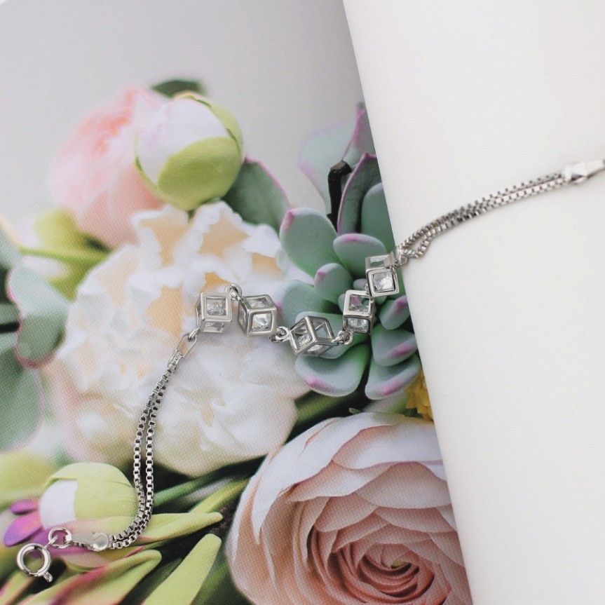 Sparkly Zircon Square Cube Double Box Chain Splice Silver Plated Alloy Bracelet