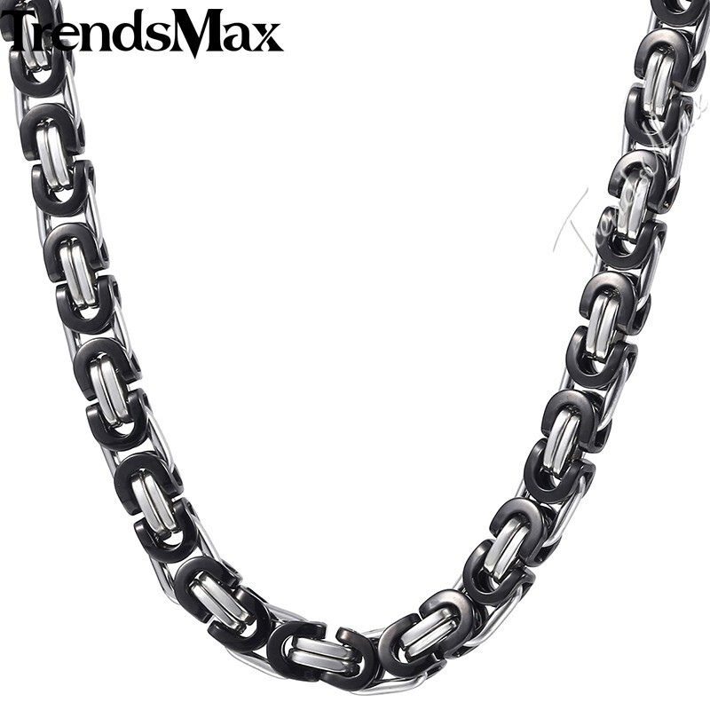 For Men Unisex Chain Black Silver Stainless Steel Flat Byzantine Link Necklaces