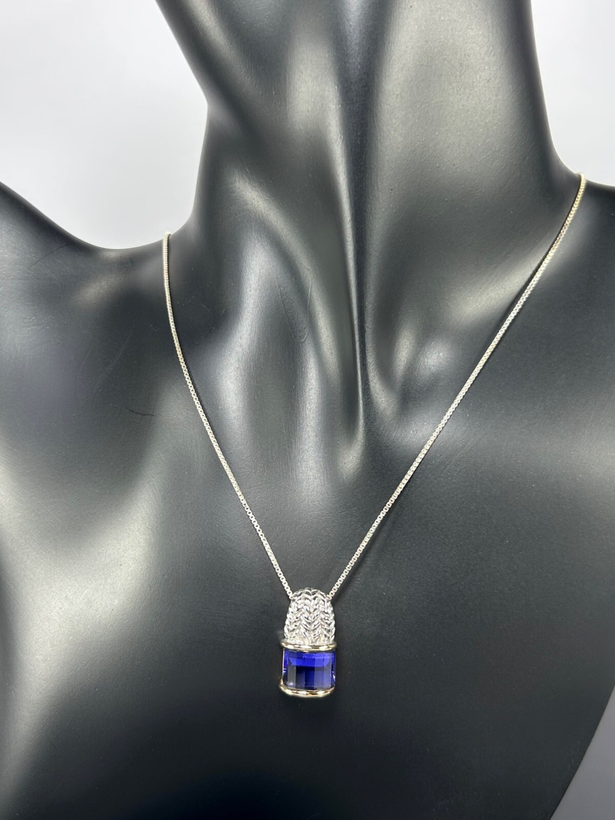 925 Sterling Silver Gold Tone Necklace Faceted Cobalt Blue Glass Pendant ITALY