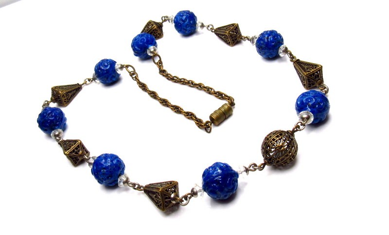 Art Deco Neiger Carved Lapis Glass Necklace
