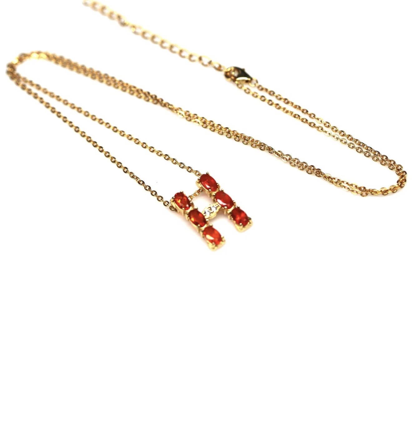 Natural Orange Fire Opal Initial “H” Pendant Necklace 18K Gold over 925 SS 20 in