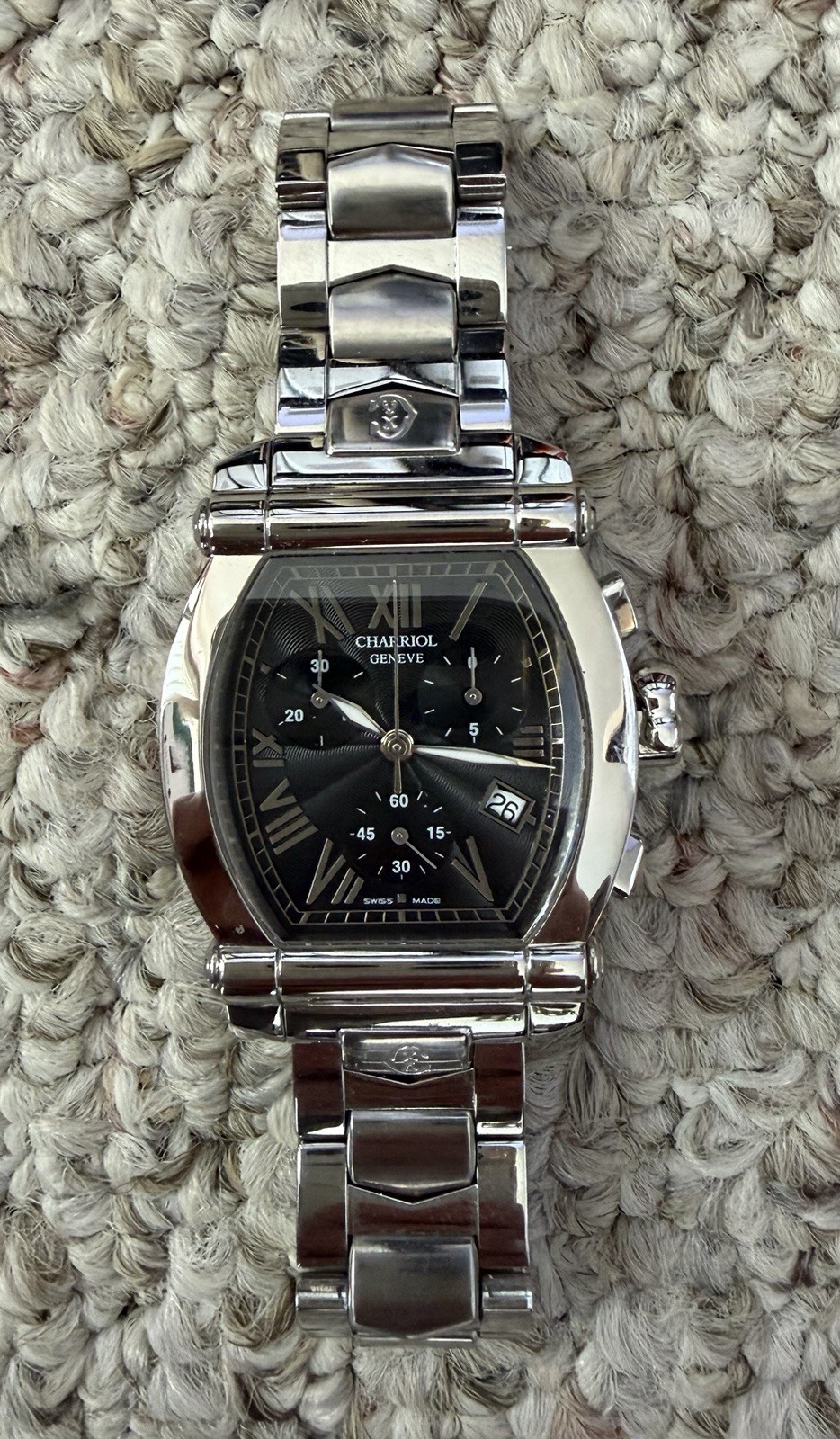 Charriol Colvmbvs Men’s Tonneau Chronograph Date Black Dial Steel Quartz Box