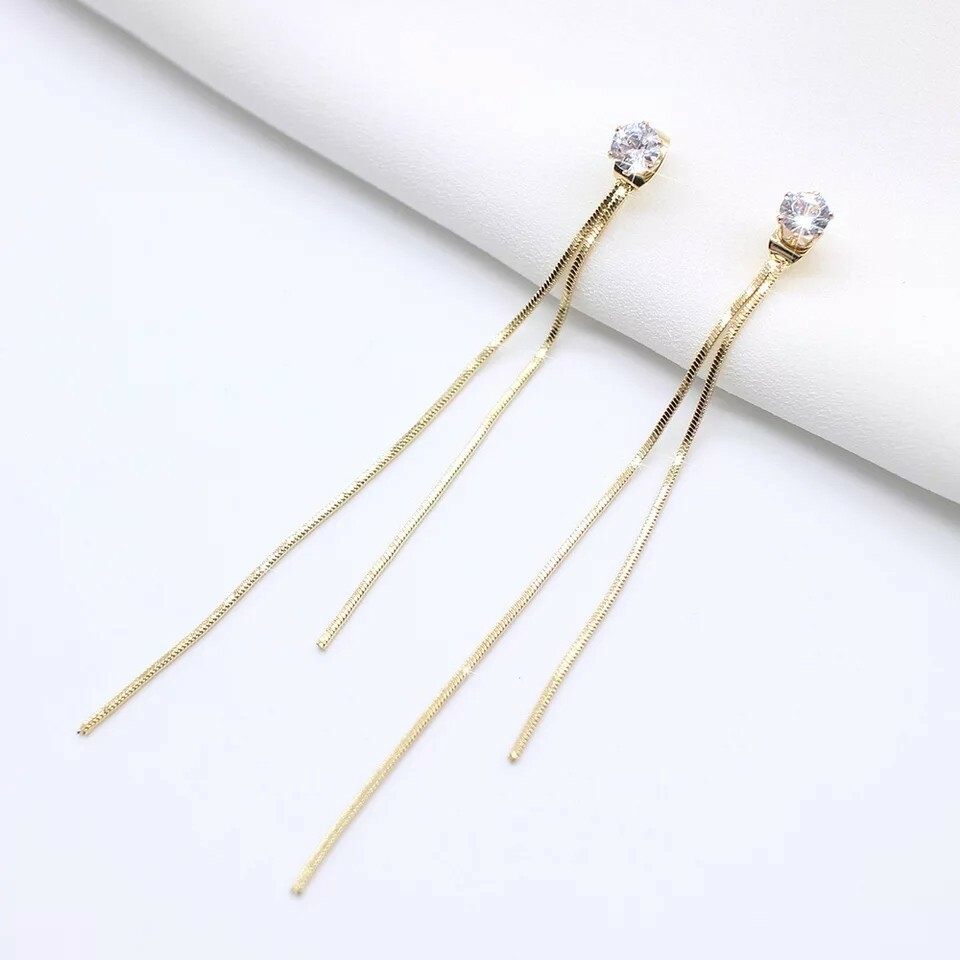 New Fashion Gold Color Long Crystal Tassel Dangle Earrings Women Wedding Drop