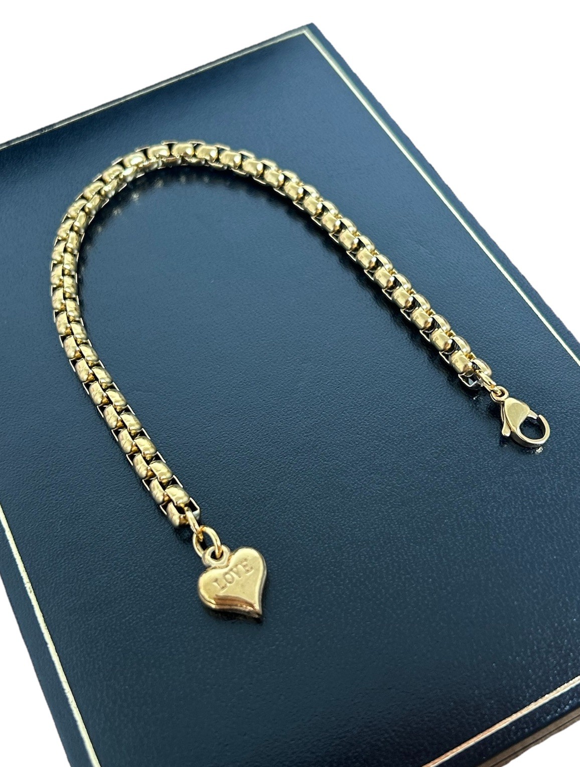 9ct Gold Filled Solid 20cm Love Heart Charm Rolo Belcher Bracelet Women’s Girls