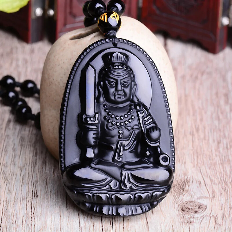 1PC Pendant Necklace Black Obsidian Carved Buddha Statue Luck Talisman Gift