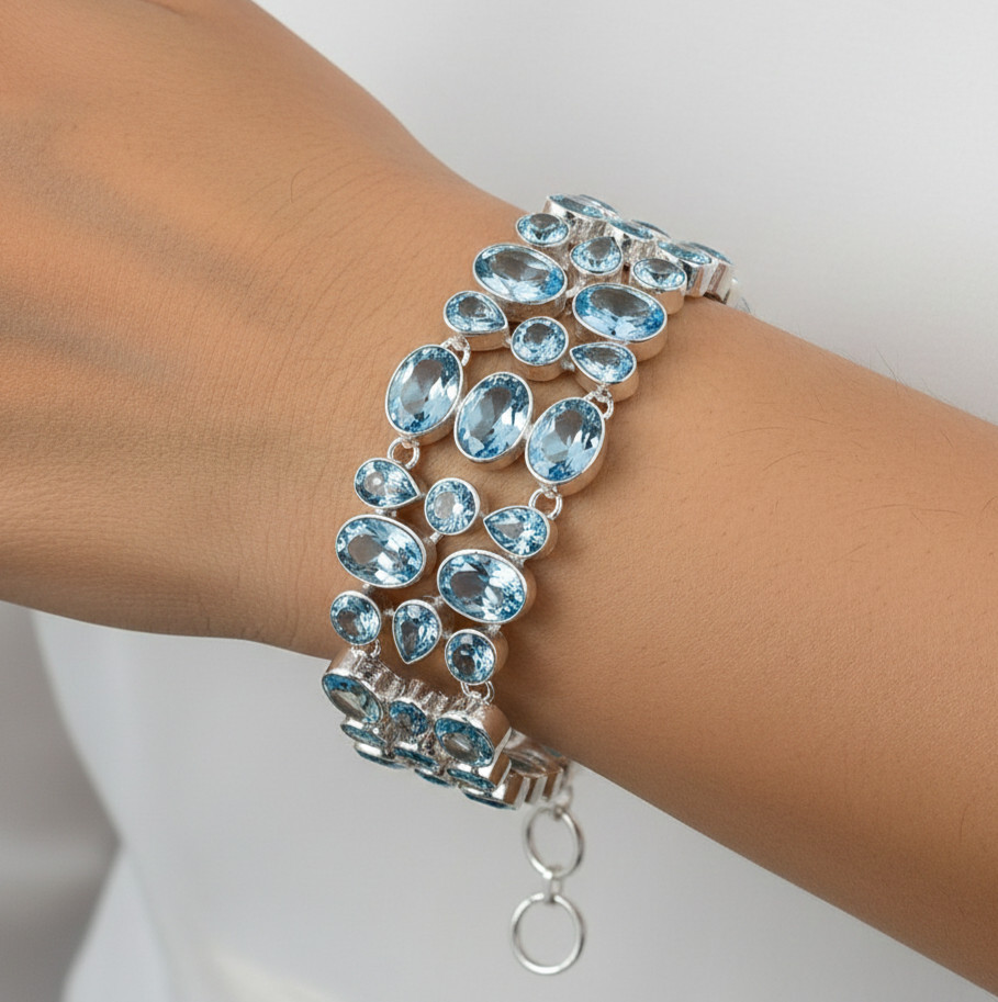 Swiss Blue Topaz Gemstone Bracelet 925 Sterling Silver Handmade Jewelry S-8.50″