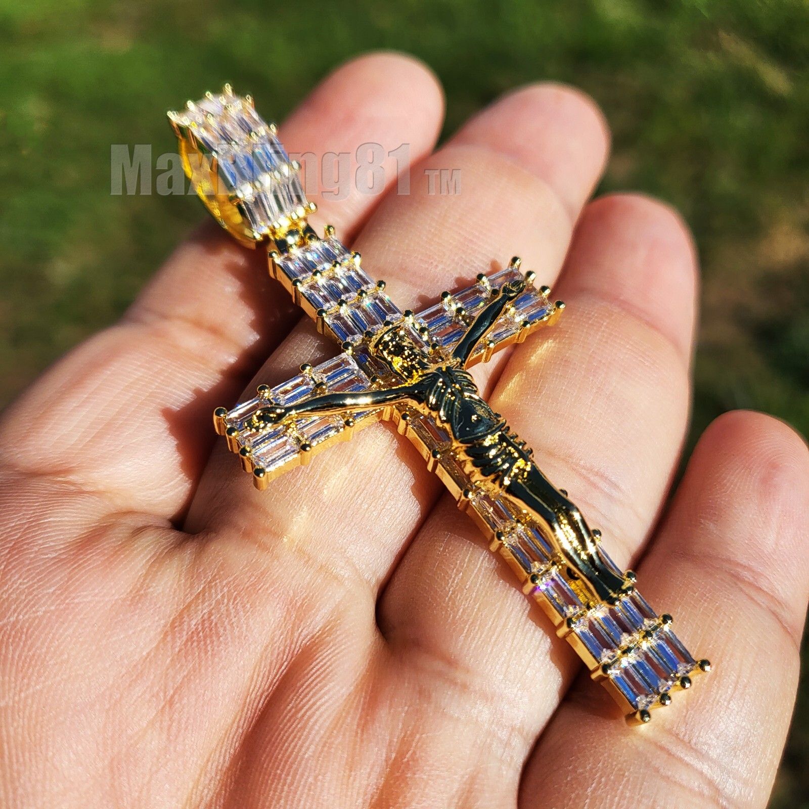 High-End Brass Crucifix Holy Jesus Cross Baguette Cubic Zirconia Charm Pendant