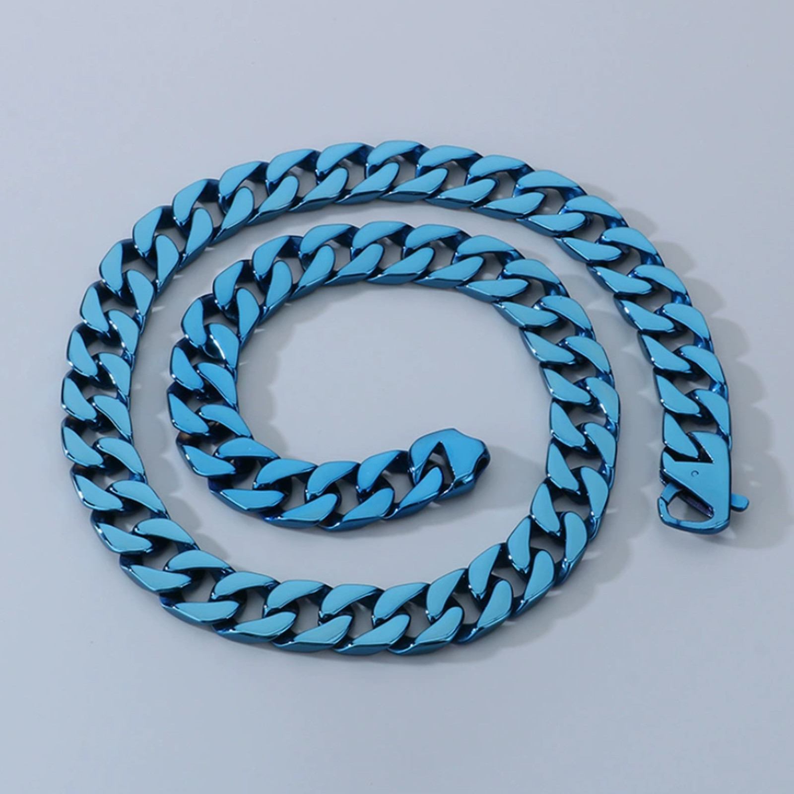 Cool Men’s Long Chain 35″ 15mm Blue Color 316L Stainless Stee Curb Link Necklace